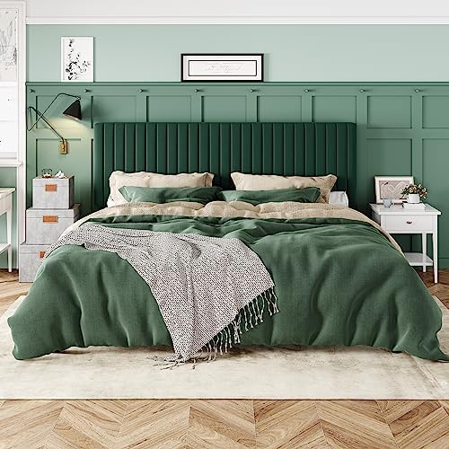 Allewie King Bed Frame, Velvet Upholstered Platform Bed with Adjustable Vertical Channel Tufted Headboard, Mattress Foundation with Strong Wooden Slats, Box Spring Optional, Easy Assembly, Green - Image 3