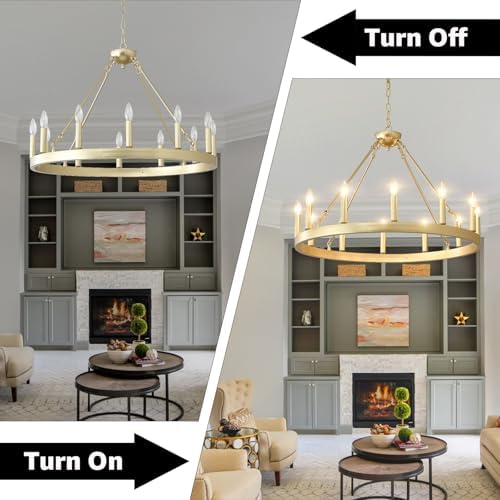 Gold Wagon Wheel Chandelier 32" 12-Light Round Modern Chandelier - Image 2