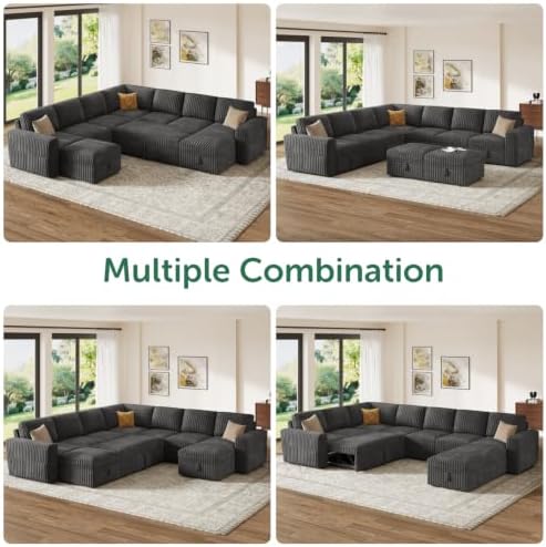 HONBAY Modular Sectional Sleeper Sofa with Pull Out Bed Oversized Corduroy L Shaped Sofa Bed with Storage Couches for Living Room,Dark Grey - Image 6