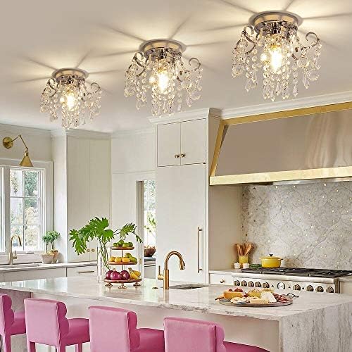 Q&S Small Crystal Chandelier Flush Mount Ceiling Light 3 Lights Modern Chrome Iron Raindrop Crystal Ceiling Fixture for Bedroom Hallway Closet Entryway Stairs - Image 2