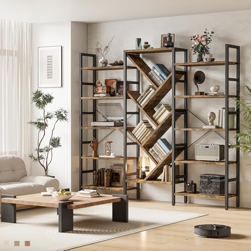 INNOD 70x70 Triple 5 Tier Book Shelf, Large Wooden Bookcase with 17 Open Display Shelf, Modern Tree Bookshelf Metal Frame Tall Book Case Furniture for Living Room Bedroom Home Office Rustic Brown - Image 3