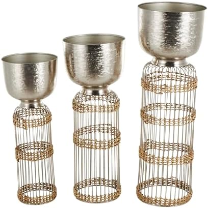 Deco 79 Metal Indoor Planter Textured Dome Large Planter Pot with Woven Seagrass and Caged Rod Pedestal Base, Set of 3 Planters 32", 27", 24"H, Silver - Image 7