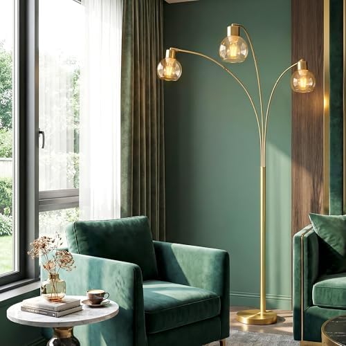 QiMH 3 Lights Floor Lamps for Living Room, 72" Tall Lamp with Amber Glass Shade, Large Tree Floor Lamp with Foot Switch, Modern Arch Floor Lamp for Bedroom Office, Brushed-Gold, 2700K Bulbs Included by Qimh