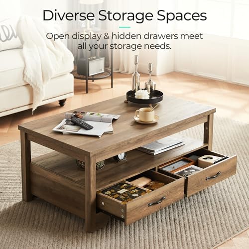 LINSY HOME Farmhouse Coffee Table with Storage, Wood Coffee Table for Living Room, Open Display Area and Storage Drawers with Metal Handles, Chic Style with Curved Base, Brown - Image 4