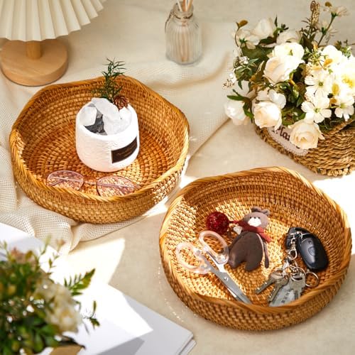 3 Pcs 10.2 Inch Scalloped Rattan Baskets Round Wicker Bowls - Image 5