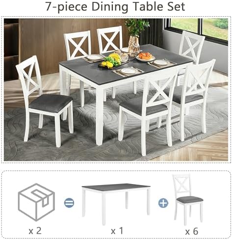 Harper & Bright Designs Modern 7-Piece Dining Set,58.5" Solid Wood Table & 6 Padded X-Back Style Chairs, Grey & White Two-Toned for Kitchen/Dining Room, 6-Person Seating - Image 7