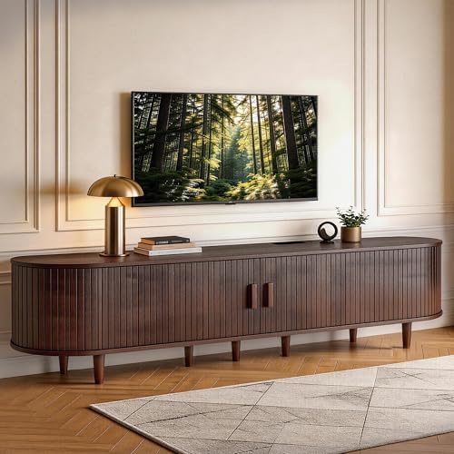 MXV 80" TV Stand with Sliding Doors for Living Room, Mid Century Modern Entertainment Center, TV Console with Fluted Door Cabinets and Power Outlet, Walnut by Unknown