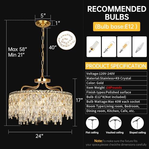 24" 8 Lights Gold Crystal Chandeliers for Dining Room Light Fixture - Image 5