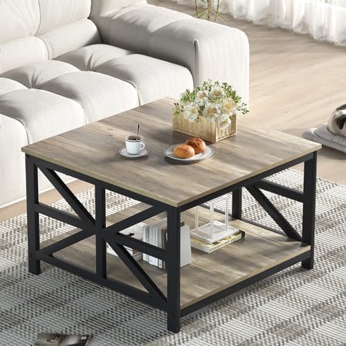 GreenForest 27.55 Inch Square Coffee Table with 2 Tier Storage by GreenForest