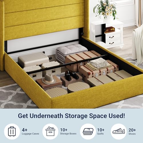 Allewie Queen Size Lift Up Hydraulic Storage Bed Frame Olive Yellow - Image 5