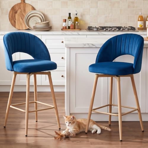 Swivel Bar Stools Set of 2, Counter Height Barstools for Kitchen Island, 26" Seat Height Bar Chairs for Dining Room, Upholstered Bar Stool with Back and Footrest, Blue by KRAMZMINGQualityHome