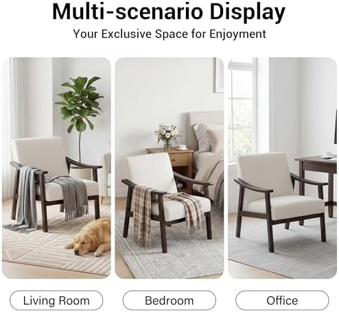 Accent Chair, Mid Century Modern Armchair, Solid Wood Arm Chair, Upholstered Comfy Reading Chair for Living Room, Bedroom, Waiting Room, Beige - Image 5