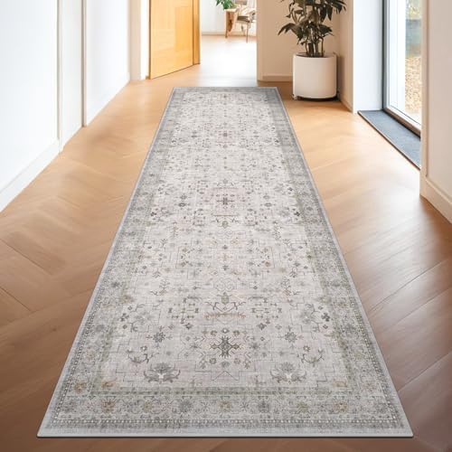 Hazo Haus Vintage Hallway Runner Rug - 2x10 Runner Rug, Washable 2x10 Light Gray & Sage Kitchen Floor Mat - Extra Long Light Gray Neutral Farmhouse Boho Design Décor - Image 3