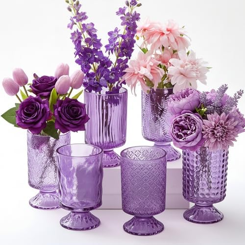 6 Pcs (H:7"W:4") Embossed Flower Vase Pedestal Glass Vase, Purple by Unknown