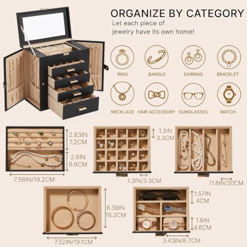Large Leather Jewelry Box for Women, Mirror, 5 layer, Black - Image 3