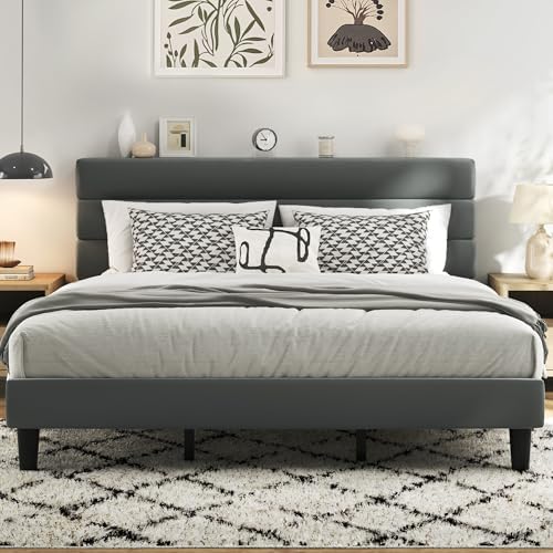 Fluest King Size Bed Frame, Platform Bed Frame with Velvet Upholstered Headboard, No Box Spring Needed, Sturdy Metal Support, Noise Free, Easy Assembly, Grey by Fluest