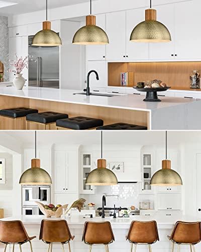 ELYONA Vintage Pendant Light Fixtures, 12” Brushed Brass Hammered Metal & Rubber Wood Industrial Dome Hanging Lamp, Antique Gold Kitchen Pendant Light for Island, Farmhouse, Sink, Dining Room, Hallway - Image 2