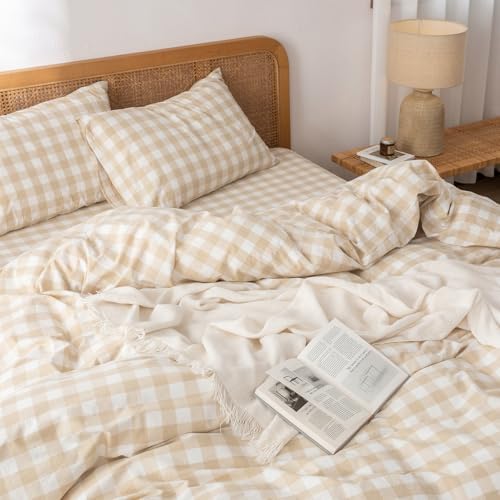 BESTOUCH Gingham Cotton Duvet Cover Set Almond Grey Full - Image 2