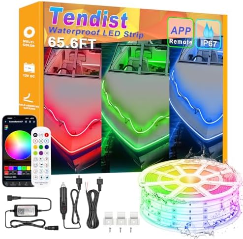 65.6FT Boat Lights LED Waterproof, Pontoon Boat Led Lights Strip, Marine Led Strip Light, Multicolor 12v RGB LED Strips Outdoor IP67, Night Fishing Lighting with APP & Remote for Bass Jon, RV, Kayak by Tendist