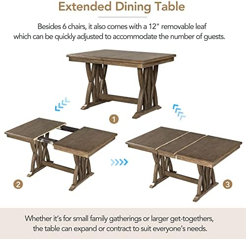 Mid-Century Extendable Dining Table Set for 6, Solid Wood 7-Piece Dining Table Set with 6 Upholstered Chairs and 12" Leaf, Home Breakfast Kitchen Dining Room Set for 6, Retro X Cross Trestle Base - Image 4