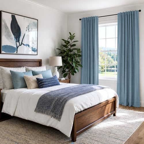 Linen Textured Total Blackout Curtains for Bedroom 72 Inches Long, Blue - Image 6