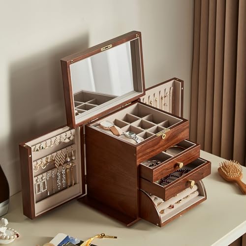 CHOSIN Black Walnut Wooden Jewelry Box for Women with Lock, Mirror, 4 Layer - Image 2