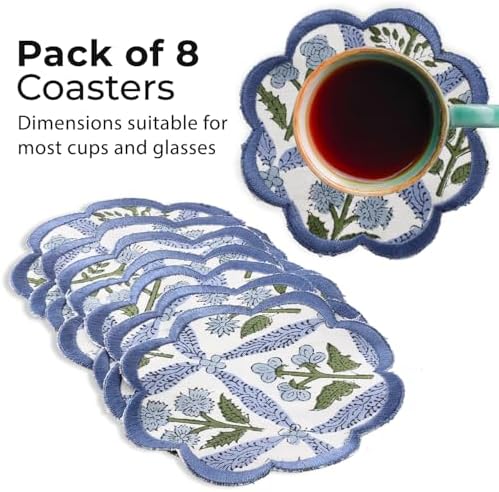 Ridhi 8-Pcs 100% Cotton Hand Block Print Drink Coasters 5" in Steel Blue - Image 2