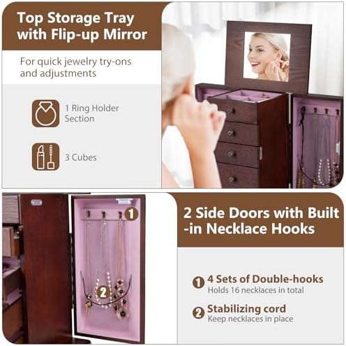 GIANTEX Standing Jewelry Armoire Cabinet with 4 Drawers, Flip Top Mirror, Top Storage Compartments, 2 Side Doors with 8 Necklace Hooks, Freestanding Jewelry Organizer Box Chest (Walnut) - Image 4