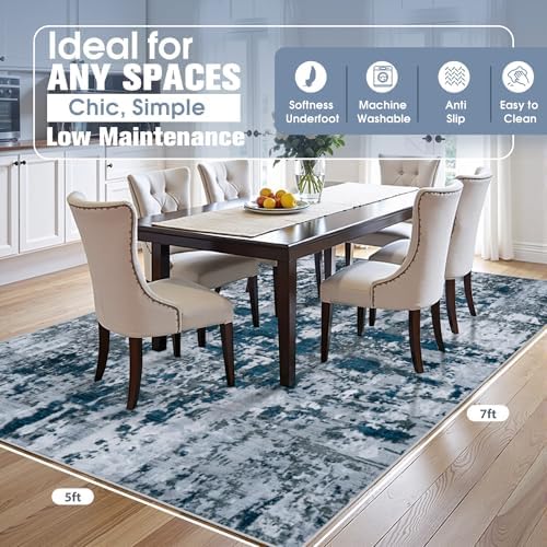 5x7 Area Rugs for Living Room Washable Bedroom Dining Room Navy Grey - Image 2