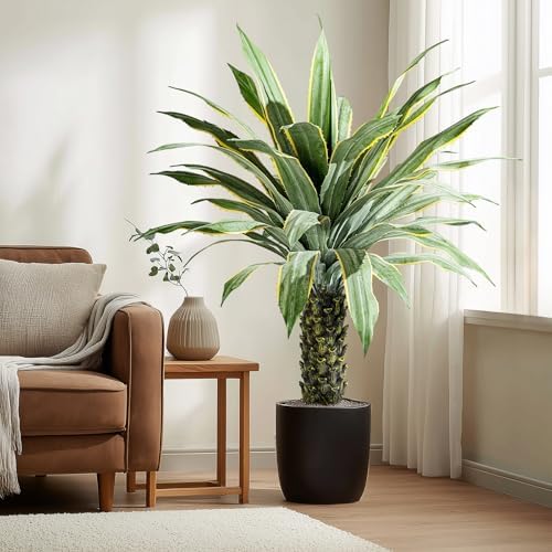 Artificial Agave Plant Potted Plants for Indoor Outdoor Fake Agave Tree in Pot Realistic Faux Tree with 42 Leaves for Home Living Room Office Garden Front Porch Patio Decor (61inch-1 Pc Potted Yellow) by Yarmare