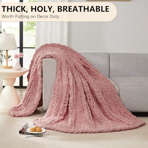 L'AGRATY Chunky Knit Throw Blanket for Couch, 80 x 90 Inches, Rose Pink - Image 5
