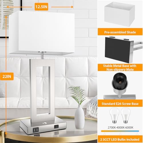 22’’ Touch Control Table Lamps Set of 2, 3 Color Temperatures Bedroom Bedside Lamps, Modern Silver Dimmable Lamps with USB Ports & AC Outlet, Tall Living Room Lamps for Nightstand End Table, 2 Bulbs - Image 6