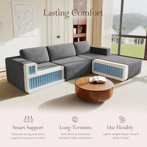 Vesgantti 119" L-Shaped Modular Sectional Sofa, Corduroy Cloud Couch with Deep Seating & Spring Support, Flexible Layout Sofa with Ottoman, Boneless Style, No Assembly Required, Grey - Image 4