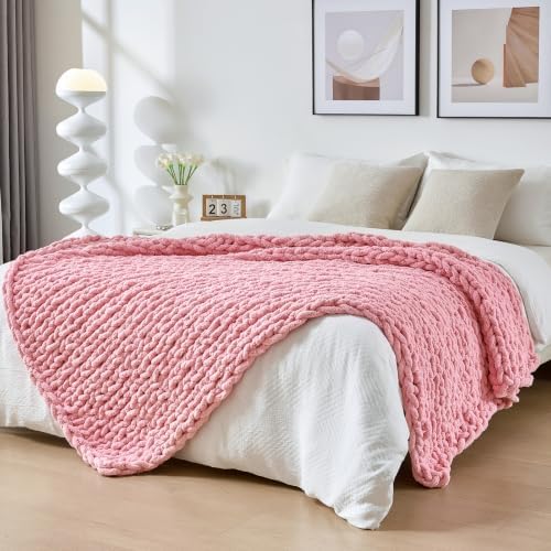 Bigacogo Chunky Knit Throw Blanket for Couch, 40x80 inches, Blush Pink by Bigacogo