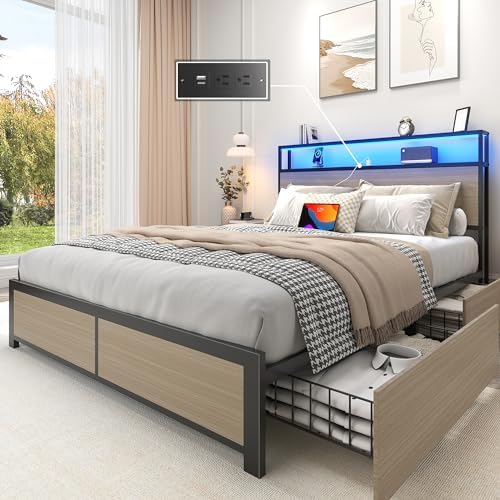 Lifezone Full Bed Frame with 2-Tier Storage Headboard, Metal Platform Bed Frame with 4 Storage Drawers, Built in Charging Station & LED, Noise-Free/Metal Support/No Box Spring Needed, Beige by Lifezone