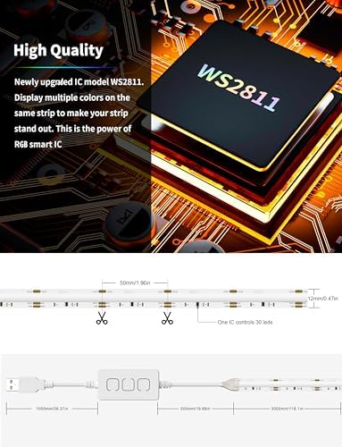 PAUTIX RGB Smart IC COB LED Strip Light 5V USB,Color Chasing UL-Listed Multicolor Flexible Tape LED Strip Light 9.84ft/3m Compatible with Alexa/Google Assistant,for TV,Desk,Monitor DIY Decoration - Image 5