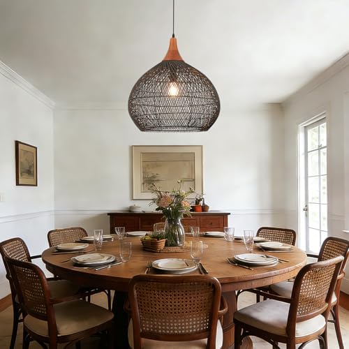 Large Black Rattan Pendant Light, 20" Rattan Chandelier Hand-Woven Wicker Pendant Light Fixtures with Solid Wood, Basket Hanging Lighting for Dining Room Kitchen Island Living Room - Image 5