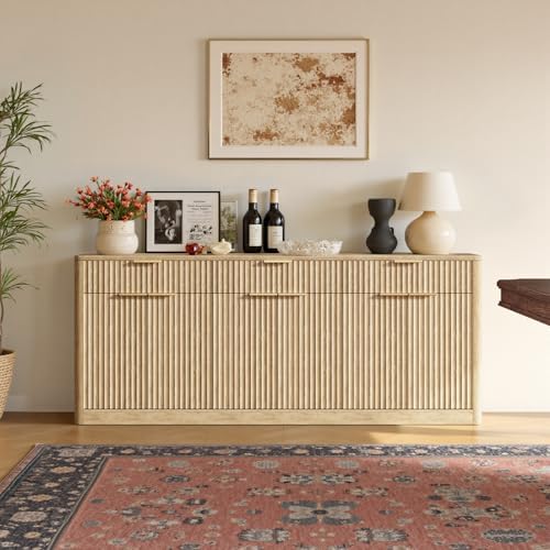 Evermagin 67" Fluted Oak Sideboard Buffet Cabinet with 3 Drawers - Image 3