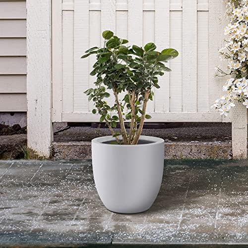 Kante 10 Inch Dia Round Concrete Planter, Indoor Outdoor Large Plant Pot with Drainage Hole and Rubber Plug for Home Patio Garden, Pure White - Image 5