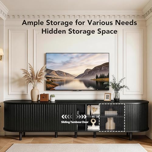 MXV 80" TV Stand with Sliding Doors for Living Room, Mid Century Modern Entertainment Center, TV Console with Fluted Door Cabinets and Power Outlet, Black - Image 5