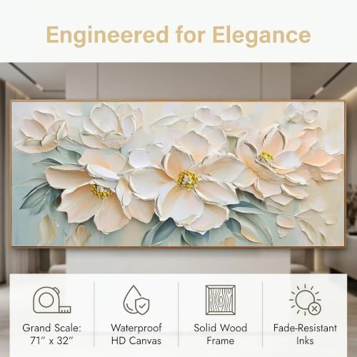 Anolyfi Framed White Floral Canvas Wall Art for Living Room Bedroom 71"x32" - Image 3
