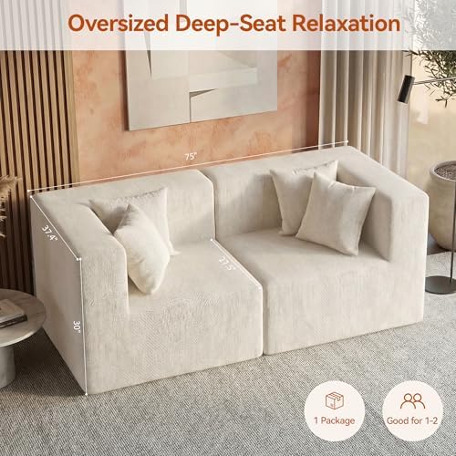 MONVANE 75" Loveseat Sofa, Comfy Chenille Modular Sectional Sofa with 4 Pillows, Modern Deep Seat Boneless Couch, 2 Seater Sofa for Living Room, Bedroom and Apartment, Beige - Image 3