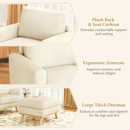 Vesgantti 38.5" Accent Chair with Movable Ottoman, Comfy Corduroy Armchair with Spring Cushion, Reading Chair with Ottoman, Modern Single Sofa for Living Room, Bedroom and Apartment, Beige - Image 3