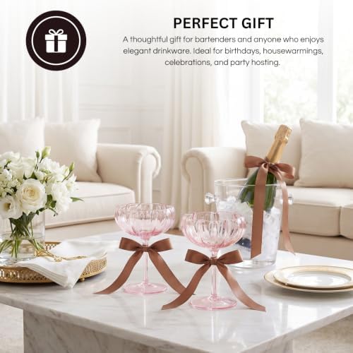 Khen Flower Modern Wavy Glass Coupes Martini, Champagne & Cocktail Coupes - Set of 2-7.7oz Colorful Cocktail Glasses & Prosecco, Mimosa Glassware Copyright Design - Blush Pink - Image 6
