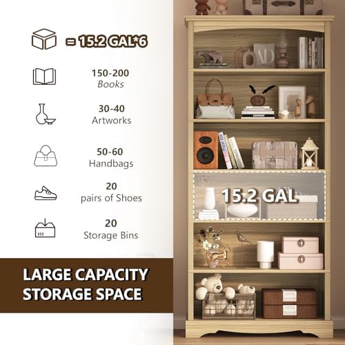 TVU 6-Tier Wooden Bookshelf, 76 Inch Tall Bookshelf with Storage, Floor Standing Modern Style Display Bookcase for Living Room, Office, Study Room, Entryway, Natural Wood Color - Image 4