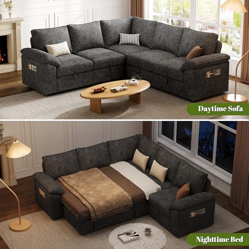 85'' Modular Sectional Sofa with Pull Out Bed, Sleeper Sofa, Dark Gray - Image 4