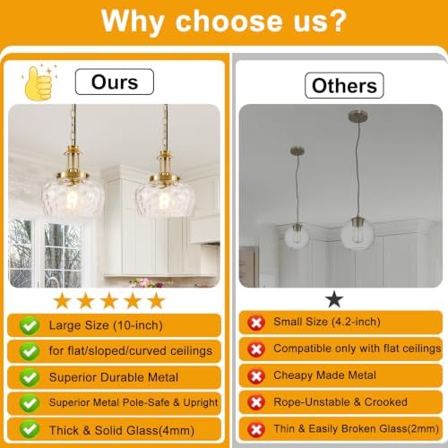Plug in Pendant Lights Kitchen Island, Modern Brushed Gold Pendant Light Fixtures with 10" Clear Hammered Glass Shade, Industrial Hanging Pendant Lights Fixture for Kitchen Island Dining Room Entryway - Image 2