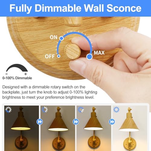 TRLIFE Wall Sconces Plug in, Dimmable Wall Sconces Set of 2 Swing Arm Wall Lights Plug in Wall Mounted Light Industrial Wall Lights with 6FT Plug in Cord, E26 Base, UL Listed(Oak Color) - Image 3