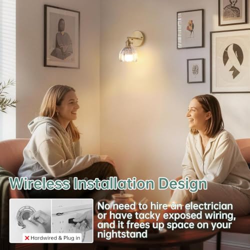 Shenmoyl Vintage Battery Operated Wall Sconce with Transparent Tulip Glass Lampshade Rechargeable Battery Powered Wall Light with Remote Control for Bedside Bedroom Doorway, Set of 2 - Image 5