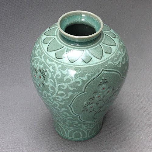 Korean Celadon Glaze Semi-Round Inlaid Crane and Chrysanthemum Flower Inlay Design Green Decorative Porcelain Ceramic Pottery Home Decor Accent Vase - Image 3
